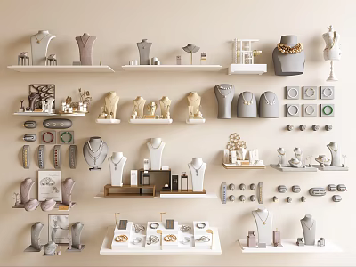 Elegant Jewelry Collection Display on Shelves with Mannequins Necklaces Earrings and Rings 3d model