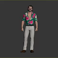 Mustached Man Wearing Green Floral Shirt White Pants Gold Bracelets And Flowers Against Gray Background