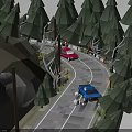 Modern Forest Road Scene With Winding Path Red Car And Blue Truck