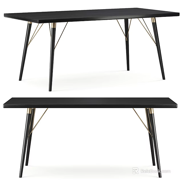 Modern Stylish Dining Table With Black Surface And Gold Accent Metal Legs 3d model 