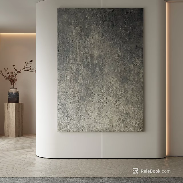 Abstract Painting on White Wall with Gray Silver Textures and Wooden Pedestal with Dried Flowers 3d model 