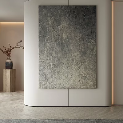 Abstract Painting on White Wall with Gray Silver Textures and Wooden Pedestal with Dried Flowers 3d model