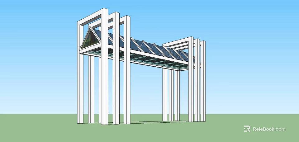 Modern Entrance Gate Design With White Frame Glass Skylight And Supporting Columns 3d model 