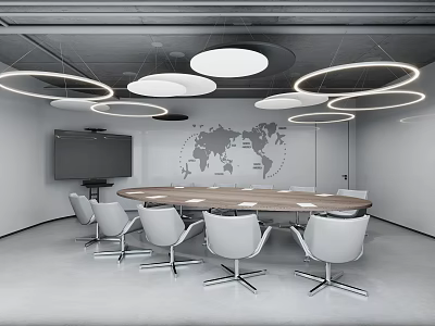 Modern Conference Room with Round Wooden Table White Chairs Circular Ceiling Lights World Map Wall 3d model