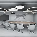 Modern Conference Room with Round Wooden Table White Chairs Circular Ceiling Lights World Map Wall