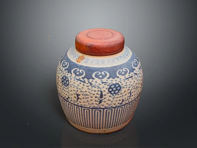 Traditional Ceramic Jar With Red Wooden Lid And Blue White Floral Patterns 3d model