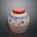 Traditional Ceramic Jar With Red Wooden Lid And Blue White Floral Patterns
