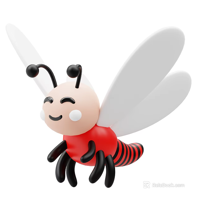 Cute Cartoon Bee With Smiling Face White Wings Black Antennae And Red Black Striped Body 3d model 