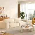 Spacious Living Room Interior With White Sofa Decorative Paintings Wooden Cabinet And Green Plant