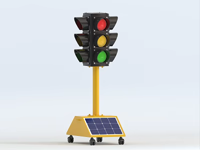 Solar Powered Mobile Traffic Light Road Facility With Yellow Base And Wheels 3d model