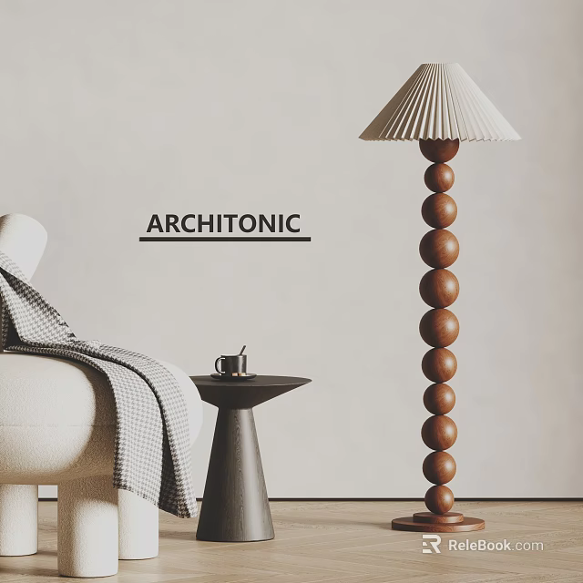 Modern Wooden Bead Floor Lamp In Living Room With White Sofa And Side Table 3d model 