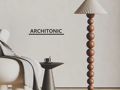 Modern Wooden Bead Floor Lamp In Living Room With White Sofa And Side Table 3d model