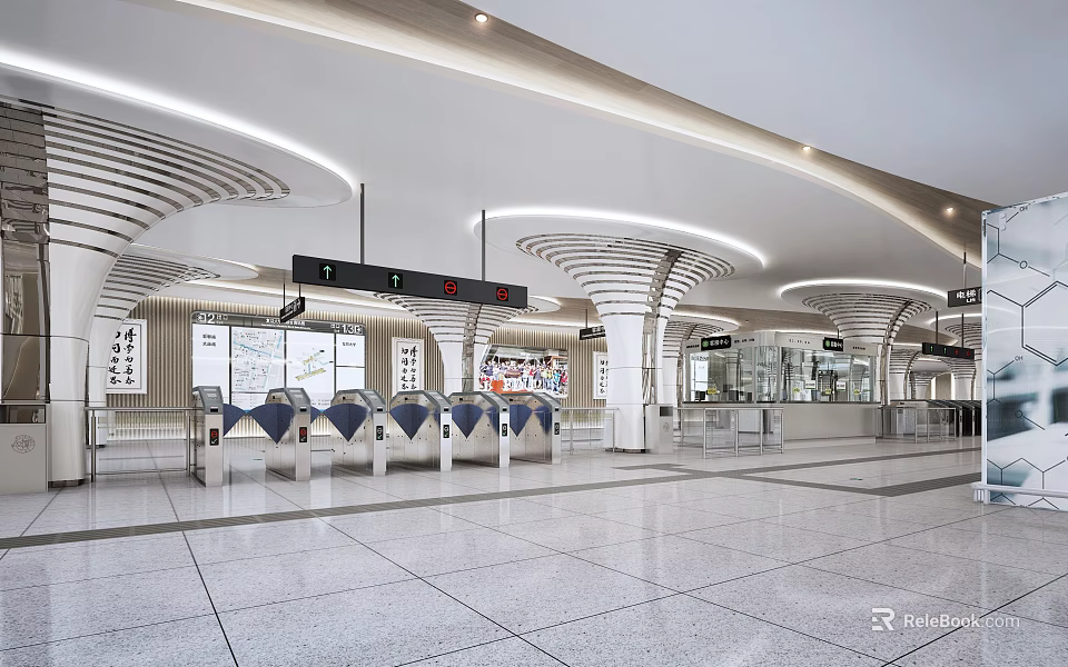 Modern Train Station Interior With Curved White Pillars Automatic Ticket Gates And Bright Lighting 3d model 