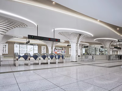 Modern Train Station Interior With Curved White Pillars Automatic Ticket Gates And Bright Lighting 3d model