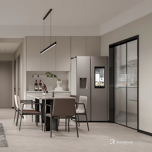 Modern Dining Room With Rectangular Table Mixed Chairs Hanging Light Decorative Plant And Silver Refrigerator 3d model 