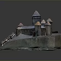 Detailed Metallic Castle Model Featuring Fortress Walls And Tower Structures