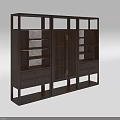 Dark Brown Wooden Bookcase With Double Doors Vertical Stripes Open Shelves And Bottom Drawers