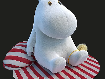 White Plush Toy with Round Nose Yellow Eyes Sitting on Red and White Striped Cushion 3d model