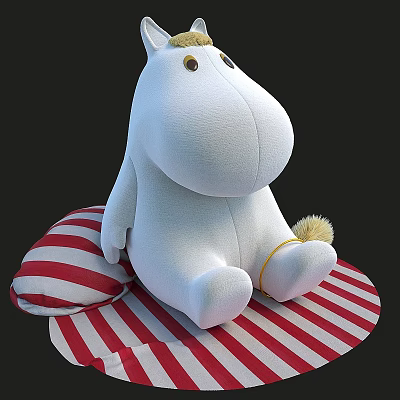 White Plush Toy with Round Nose Yellow Eyes Sitting on Red and White Striped Cushion 3d model