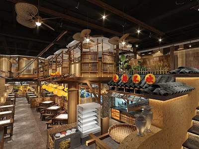 Warm Traditional Restaurant Interior With Wooden Structures Hanging Lanterns Green Plants And Seating Area 3d model