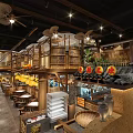 Warm Traditional Restaurant Interior With Wooden Structures Hanging Lanterns Green Plants And Seating Area