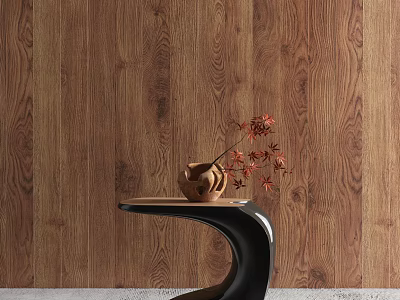 Black Curved Side Table with Ceramic Vase and Red Flowers Against Wooden Wall Background 3d model