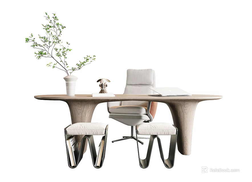 Modern Wooden Desk Design With Green Plant Decor And Modern Chair And Stools 3d model 