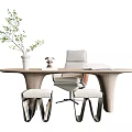 Modern Wooden Desk Design With Green Plant Decor And Modern Chair And Stools