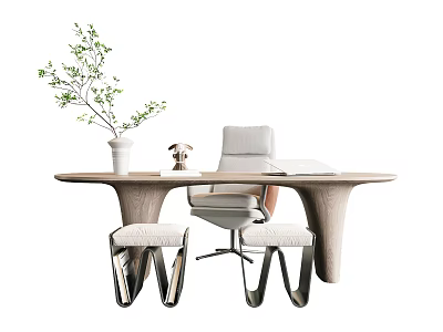 Modern Wooden Desk Design With Green Plant Decor And Modern Chair And Stools 3d model
