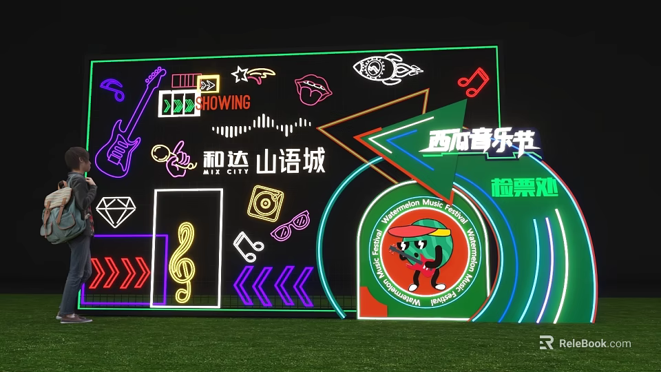 Vibrant Rongchuang Shanyucheng Music Festival Photo Check In Spot With Neon Decorations Cartoon Character Guitar 3d model 