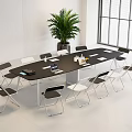 Modern Office Conference Table With Black Surface White Black Chairs Green Plant And Large Windows