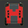 Red And Black Box Shaped Robot With Wheels And Blue Mechanical Accents