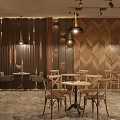 Elegant Modern Restaurant Interior With Wooden Geometric Walls Hanging Lights And Dining Tables