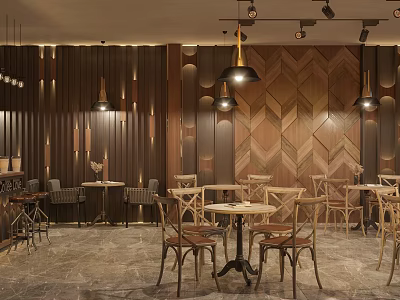 Elegant Modern Restaurant Interior With Wooden Geometric Walls Hanging Lights And Dining Tables 3d model