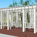 White Garden Pergola With Lattice Design Wooden Benches Red Brick Flooring And Bamboo Plants