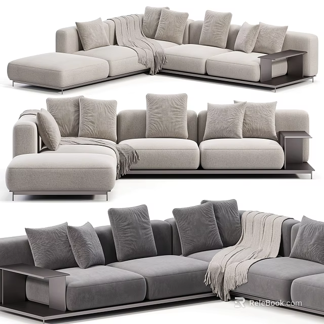 Contemporary L Shaped Sofa Set With Plush Cushions Soft Throw Blanket And Side Table 3d model 