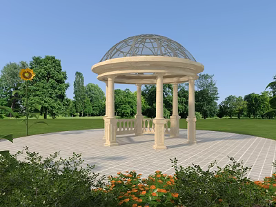 Elegant Stone Gazebo With Glass Dome Columns In Garden Green Lawn Trees Sunflower Orange Flowers 3d model
