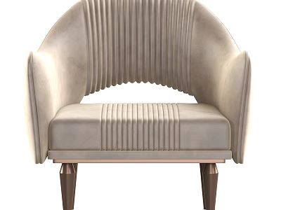 Elegant Beige Accent Chair With Vertical Tufted Pattern Curved Backrest And Brown Metal Legs 3d model