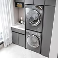 Modern Home Balcony With Stacked Washing Machine Dryer Grey Cabinets And City View