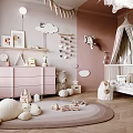 Pink Kids Room Interior With Cloud Decor Elephant Wall Art Crib And Stuffed Toys