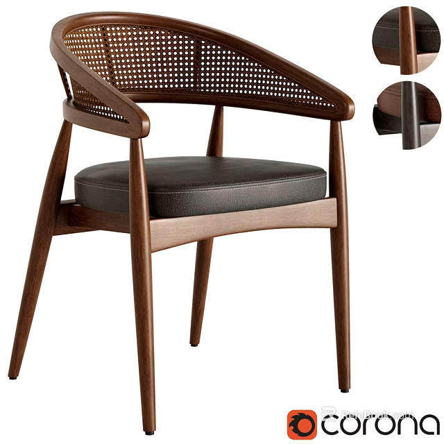 Modern Single Chair With Wooden Frame Rattan Armrest And Leather Seat 3d model 