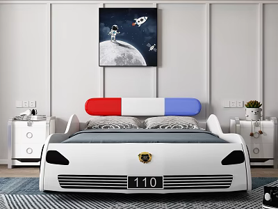Kids Car Shaped Bed With Red White Blue Headboard And Space Theme Wall Art 3d model Kids Car Shaped Bed With Red White Blue Headboard And Space Theme Wall Art 3d model