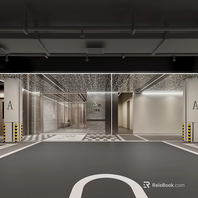 Modern Parking Garage Interior Design With Illuminated Ceiling And Area A Signage 3d model 