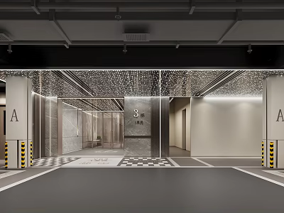 Modern Parking Garage Interior Design With Illuminated Ceiling And Area A Signage 3d model