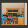 Colorful Toy Kitchen Display With Red Table Chairs Shelves Fruits Vegetables And Potted Plant