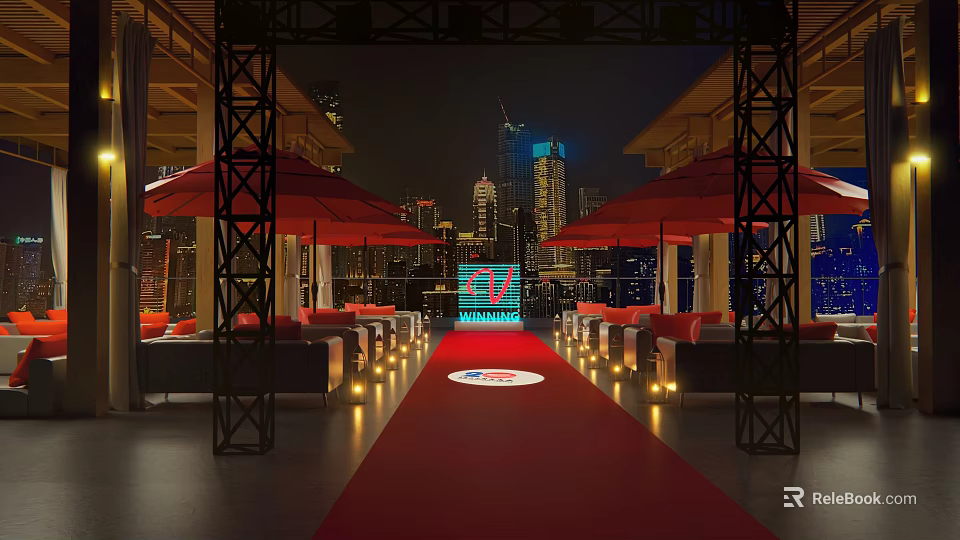 Check in Photo Spot With Red Carpet Red Umbrellas And City Skyline At Night 3d model 