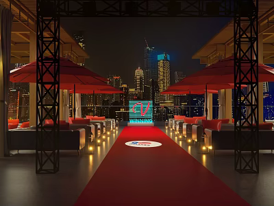 Check in Photo Spot With Red Carpet Red Umbrellas And City Skyline At Night 3d model