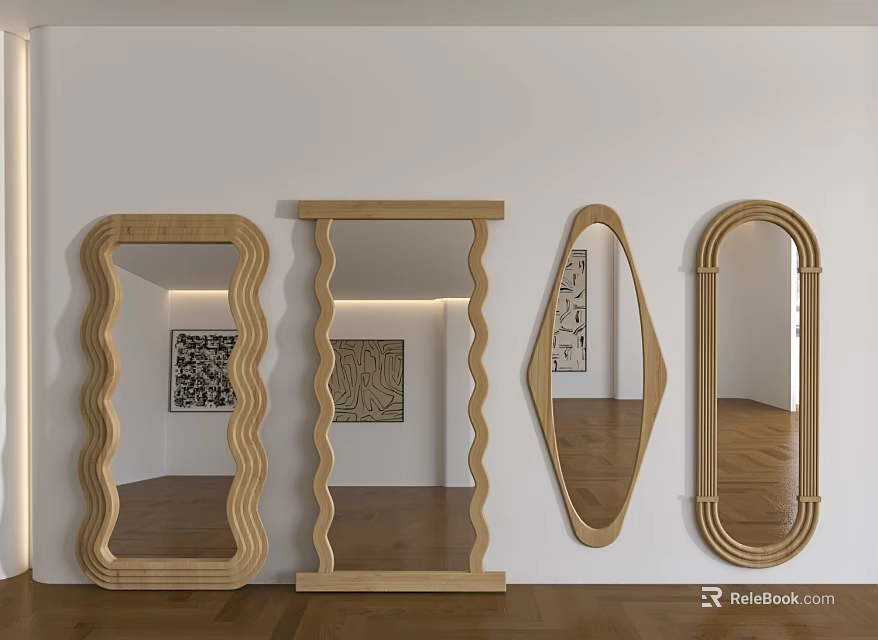 Stylish Wooden Mirrors With Wavy And Oval Frames For Modern Interior Decor 3d model 