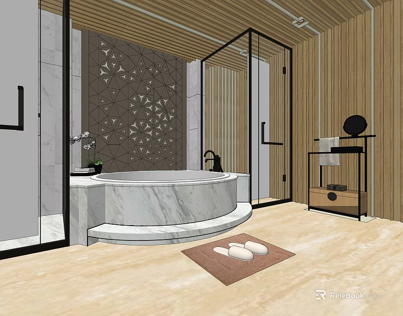 Modern SPA Sauna Interior Design With Marble Bathtub Wooden Walls And Slippers 3d model 