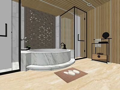 Modern SPA Sauna Interior Design With Marble Bathtub Wooden Walls And Slippers 3d model